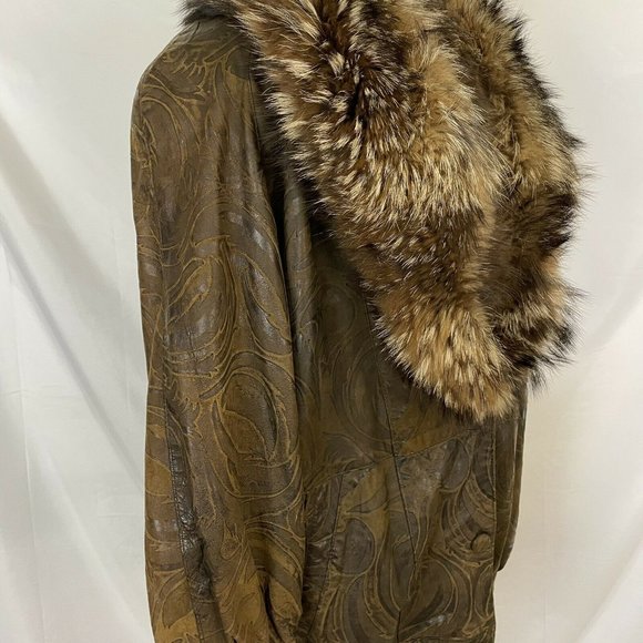 Northern Lights Bloomingdale's Fox Fur Collar Tooled Leather Jacket Small - Picture 3 of 10